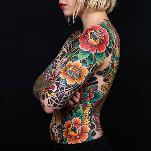 Photograph of a blonde woman with short hair, arms crossed, showcasing vibrant, colorful floral and geometric tattoos covering her back, side, and arms against