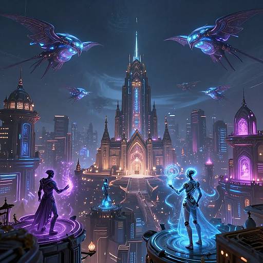 Digital artwork of a futuristic cityscape at night with two glowing, silhouetted figures casting magical auras on circular platforms, surrounded by hovering robotic