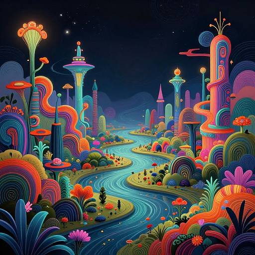 Vibrant, neon-lit futuristic landscape with winding river, colorful abstract buildings, and glowing flora under a starry night sky, in digital art