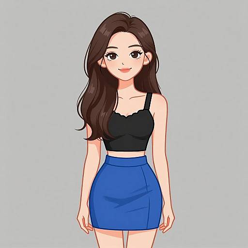 Smiling Woman in Black Cropped Top and Blue Skirt