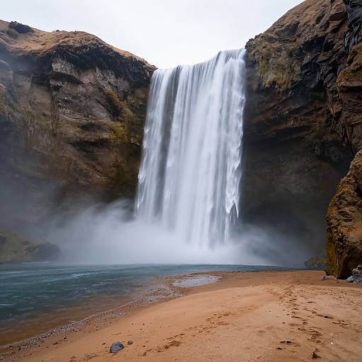Photograph of a powerful waterfall cascading between dark, rocky cliffs into a misty pool, with a sandy beach in the foreground.