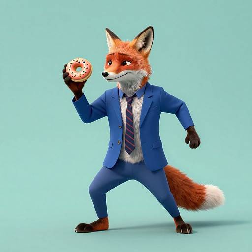 Digital art of an anthropomorphic fox in a blue suit, holding a donut, standing against a light blue background. Fox has orange fur, white