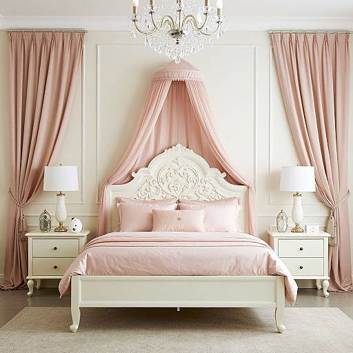 Elegant bedroom photograph: White ornate bed with pink canopy, pink curtains, two white nightstands, white lamps, and a crystal chandelier.