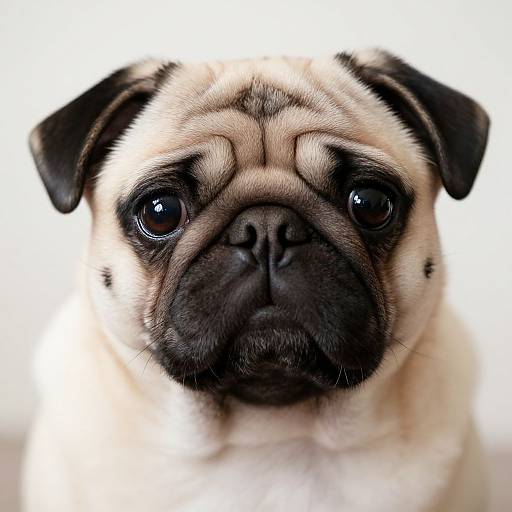 Close-up photograph of a pug with a fawn coat, black mask, and expressive, large, dark eyes against a white background.