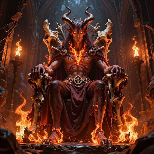 Digital artwork of a muscular, horned demon king with glowing red eyes, sitting on a fiery throne in a dark, gothic cathedral. Flames and