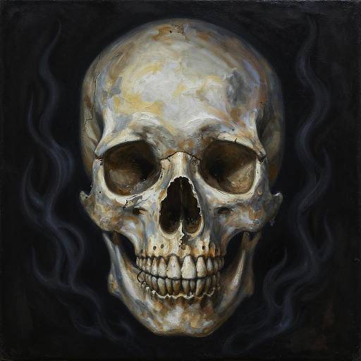 Painted digital artwork of a detailed, realistic human skull with eerie, glowing highlights against a dark, swirling black background.
