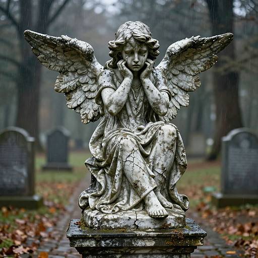 Photograph of a weathered, white angel statue with detailed wings, sitting in a cemetery, hands on cheeks, surrounded by blurred tombstones and fallen