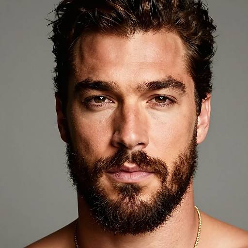 Photograph of a handsome, bearded man with dark brown hair, light skin, brown eyes, and a gold necklace, against a grey background.