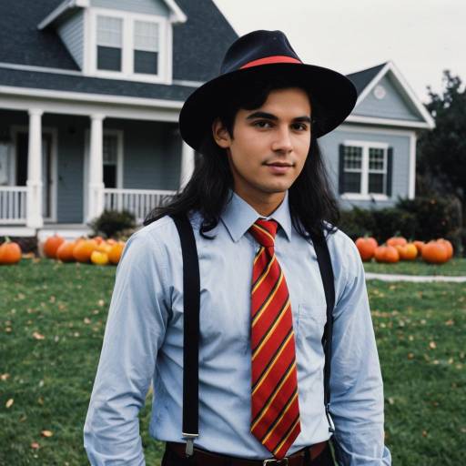 Young Man in Hat and Necktie with Pumpkins Outdoors