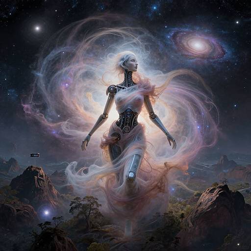 Digital art: Ethereal robotic woman with glowing core, surrounded by swirling cosmic energy, set against a starry galaxy with distant planets.