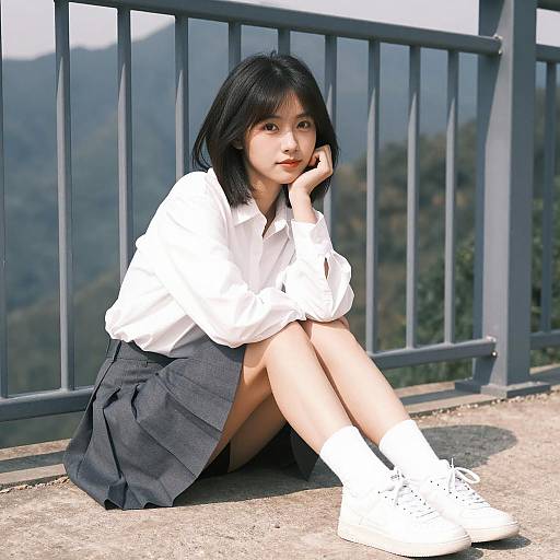 Stylish Asian Woman in Mountain Setting