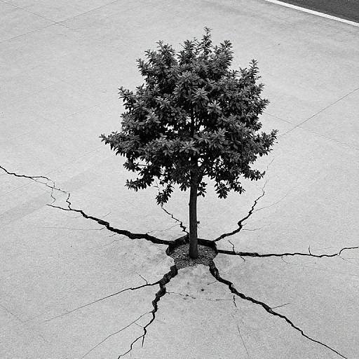 Black-and-white photograph of a solitary tree with cracked roots spreading across a stark, empty concrete surface. The tree's textured leaves contrast sharply with the smooth