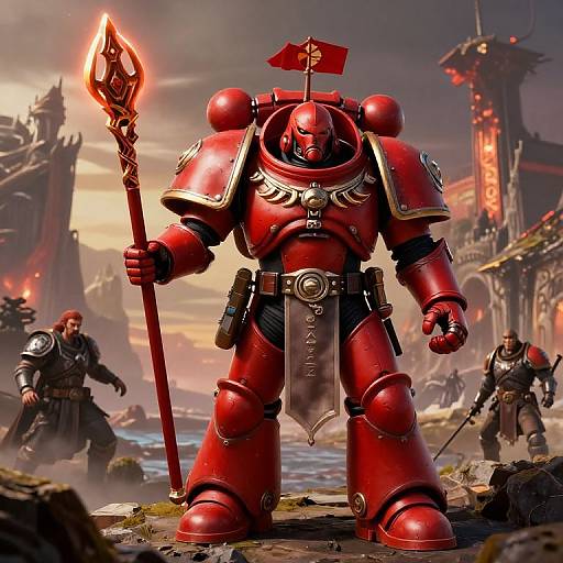 Digital art: Red, armored robot with glowing spear, flag, and detailed chest plate stands heroically in a fiery, futuristic landscape.