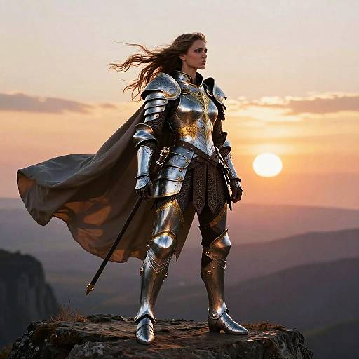 Photograph of a determined woman in silver medieval armor with flowing cape, standing on a rocky outcrop at sunset, holding a sword.
