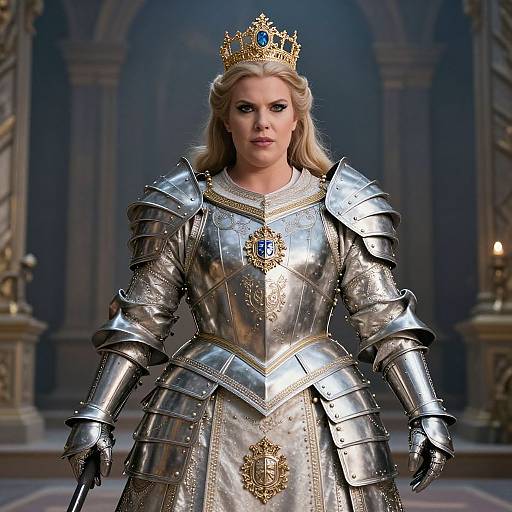 Digital art of a blonde woman with a crown, wearing ornate silver armor with gold emblems, standing in a grand, dimly lit hall.