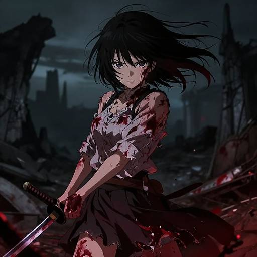 Digital anime-style drawing of a blood-stained, determined female warrior with black hair, holding a sword in a dark, ruined cityscape.