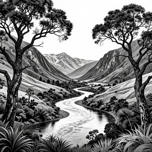 Black and White New Zealand Woodcut Landscape