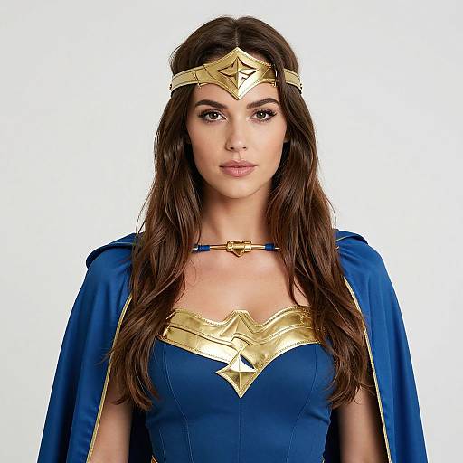 Photograph of a young woman with long brown hair, wearing a blue Wonder Woman costume with gold accents, star headband, and cape, set against