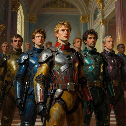 Digital artwork of a group of muscular men in metallic, colorful armor standing in a grand, arched hall with columns.