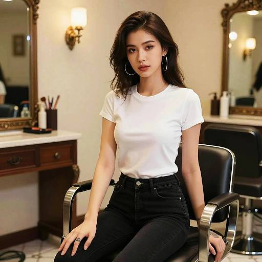 Photograph of a young Asian woman with long dark hair, wearing a white t-shirt and black high-waisted jeans, sitting in a salon chair