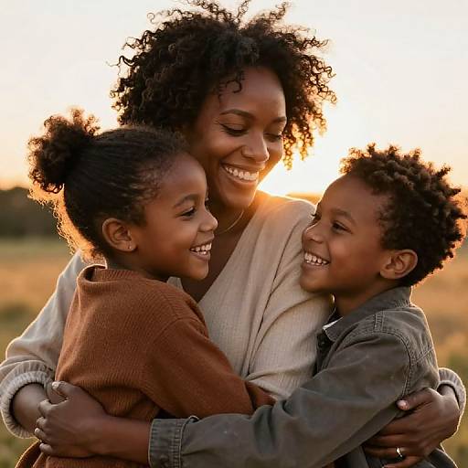 Photograph of a smiling Black mother with curly hair hugging her two smiling children at sunset, wearing cozy sweaters and denim. Warm, golden light