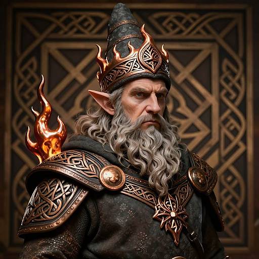 Photorealistic digital art of an ancient, grey-bearded wizard with pointed ears, wearing ornate, flame-embellished armor and a con
