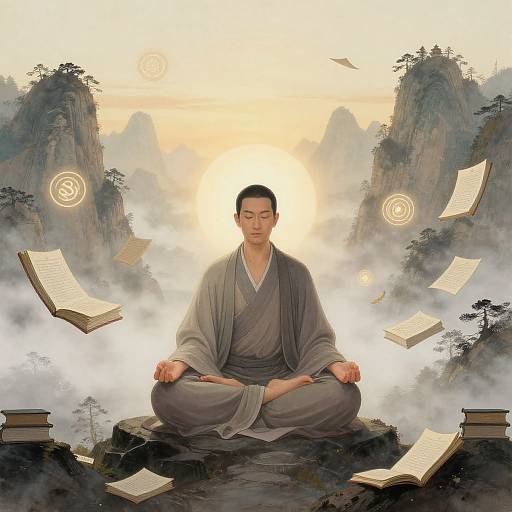 Meditating Scholar in Serene Mountain Temple