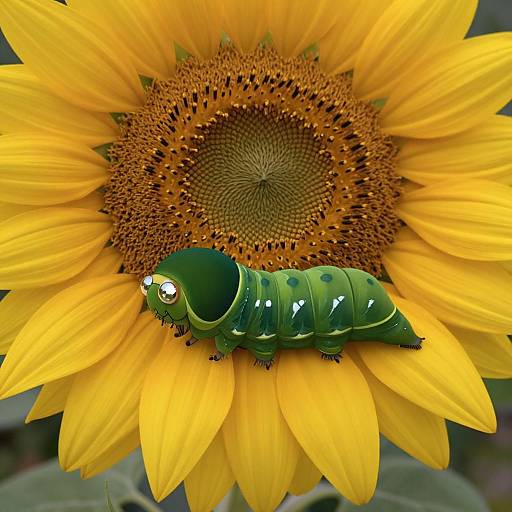 Close-up photograph of a green caterpillar with white spots on a vibrant yellow sunflower, centered on its detailed brown and orange center.