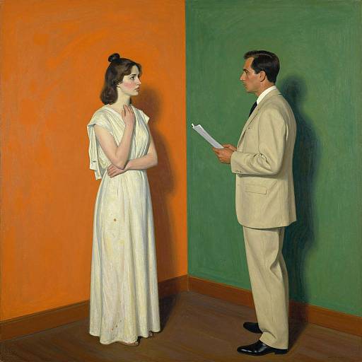 Painted portrait of a woman in a white dress and a man in a beige suit standing in an orange and green corner.