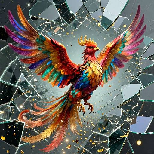 Vibrant phoenix with multicolored feathers bursts through shattered glass, glowing feathers and fiery tail, digital art, dynamic, radiant.