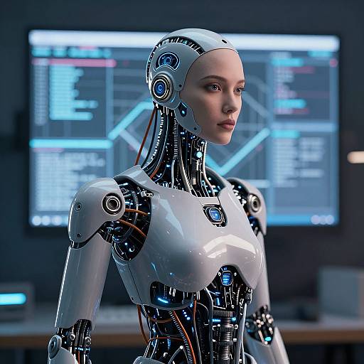 Photorealistic CGI of a female humanoid robot with white and black metallic body, blue eyes, and exposed internal components, standing in a high-tech control