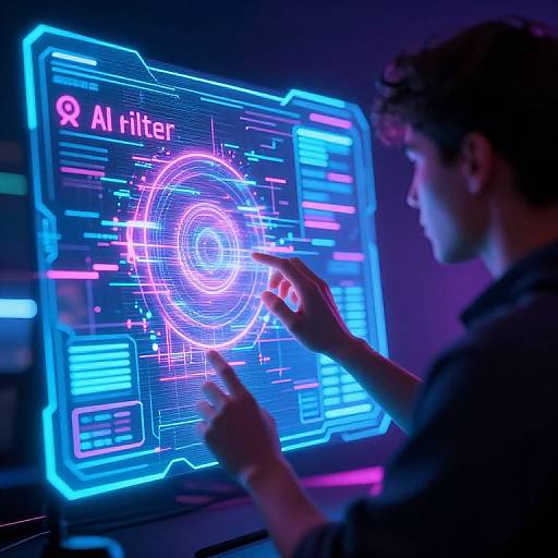 Photograph of a man with curly brown hair, wearing a dark shirt, interacting with a vibrant, neon blue and pink holographic AI interface displaying 