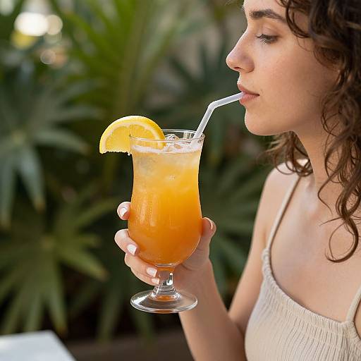 Photograph of a curly-haired woman with light skin, wearing a white tank top, sipping a tropical drink with an orange slice and straw, set