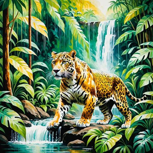Golden Jaguar in Lush Jungle Watercolor