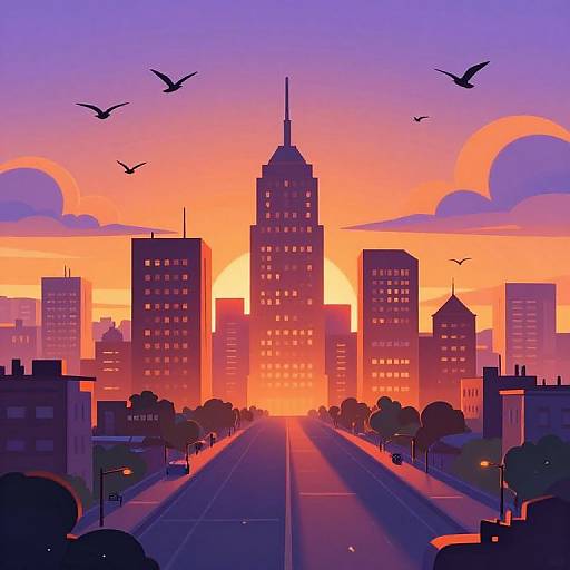 Whimsical Sunset Cartoon Cityscape