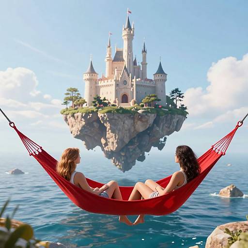 Photorealistic CGI: Two women in bikinis, sitting in a red hammock, gaze at a floating, fairy-tale castle over a calm