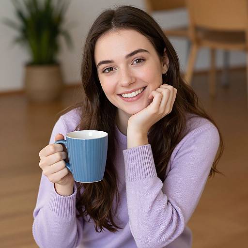 Photograph of a smiling young woman with long brown hair, wearing a light purple sweater, holding a blue ribbed mug, in a cozy, wooden