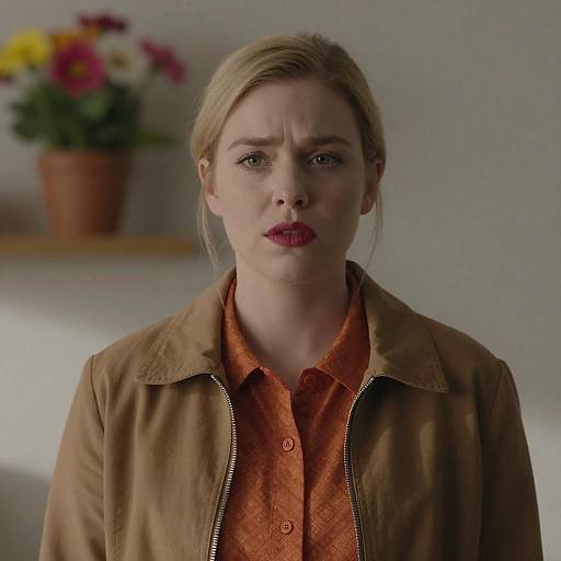 Blonde Woman in Brown Jacket with Concerned Expression