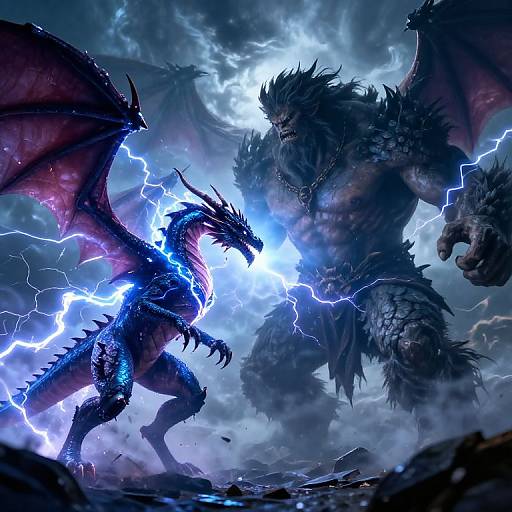 Digital fantasy artwork: A blue-scaled, winged dragon with glowing energy clashes with a muscular, black-scaled beast amidst a storm of lightning in
