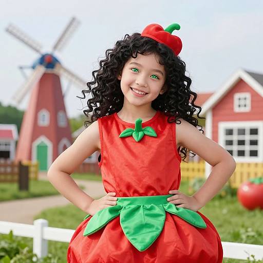 Photograph of a smiling young girl with curly black hair, wearing a red apple costume with green leaves, standing outdoors in a farmyard with windmill