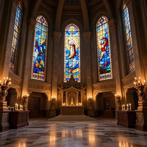 Photograph of a grand, dimly lit cathedral interior with three vibrant, stained glass windows, ornate carvings, and lit candles on marble