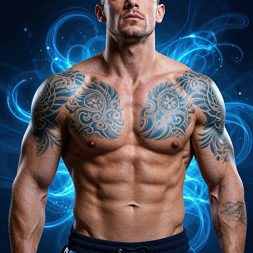 Muscular, tattooed man with intricate blue tribal tattoos on chest and shoulders, standing against a swirling blue cosmic background. Photograph.