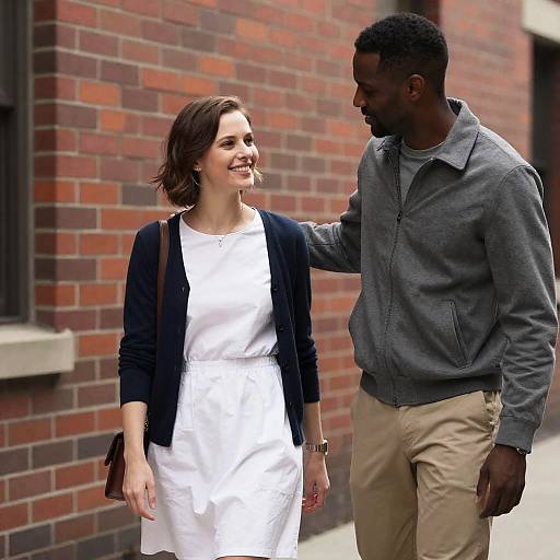 Photograph of a smiling white woman in a white dress and black cardigan walking with a smiling Black man in a gray jacket and beige pants, against