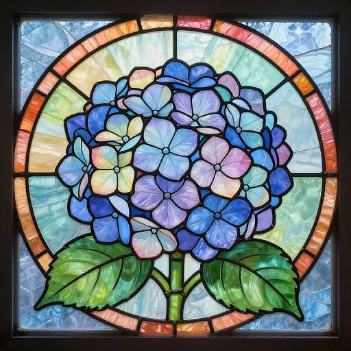 Stained glass artwork of vibrant blue and purple hydrangea with green leaves, circular orange and blue background, framed in black.