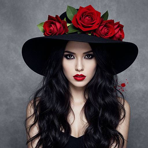 Photograph-style digital art: Pale-skinned woman with striking red lipstick, black wavy hair, black hat adorned with vibrant red roses, gray background