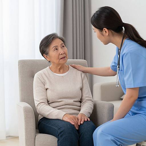 Photograph of an elderly Asian woman in a white sweater, seated in a gray armchair, being comforted by a young Asian female nurse in blue