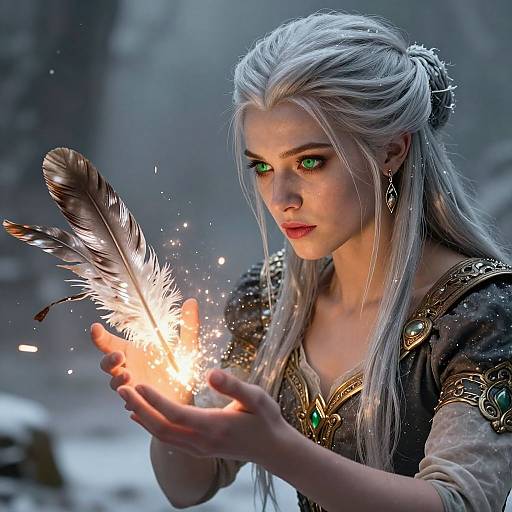 Digital artwork of a fair-skinned, green-eyed, silver-haired woman holding a glowing, sparkly feather in a snowy forest. She wears an orn