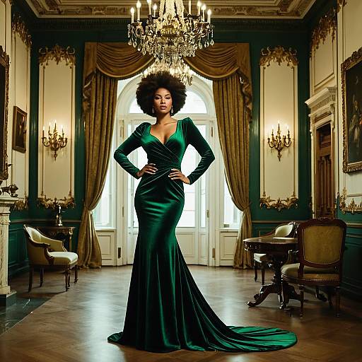 Elegant Woman in Emerald Velvet Evening Gown