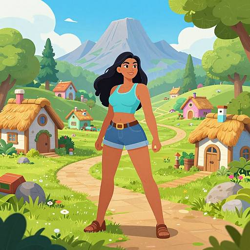 Digital illustration of a confident, dark-skinned woman with long black hair, wearing a blue crop top and denim shorts, standing on a path in a