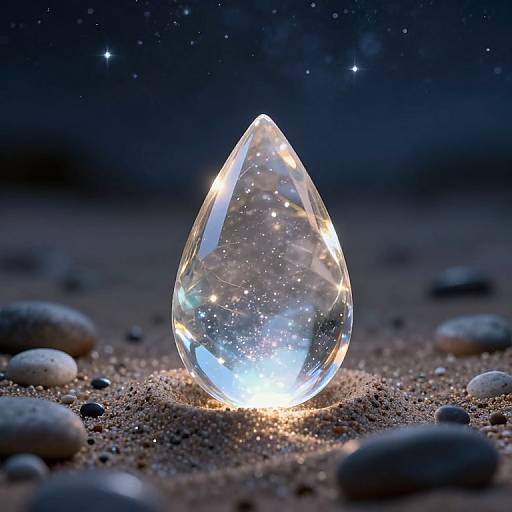Photograph of a glowing, teardrop-shaped crystal on a sandy beach at night, surrounded by pebbles, with twinkling stars in the